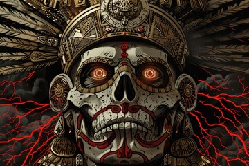 Sticker - Fierce skeletal warrior with ornate headdress, intricate armor, dramatic lighting, powerful imagery, cultural symbolism, detailed craftsmanship, artistic illustration, intense expression.