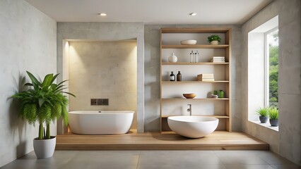 Wall Mural - Minimalist bathroom with an empty wall niche, minimalist, bathroom, empty, wall, niche, modern, design, interior