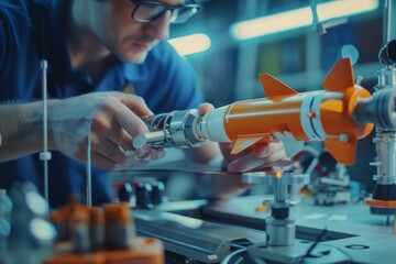 man working on a rocket model in a laboratory