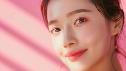 Wall Mural - closeup portrait of young asian beautiful woman with kbeauty makeup style perfect skin pink background