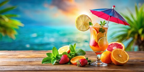 Wall Mural - Refreshing summer cocktail with tropical fruits and colorful umbrella, cocktail, drink, glass, beverage, tropical, fruit