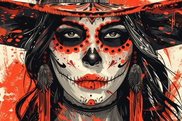 Sticker - Mysterious Day of the Dead woman with intricate face paint, floral headdress, vibrant colors, cultural symbolism, artistic expression, detailed design, traditional celebration.