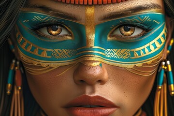 Sticker - Intense woman with green and gold mask, dramatic lighting, powerful expression, artistic portrait, cultural significance, vibrant colors, detailed design, strong presence.