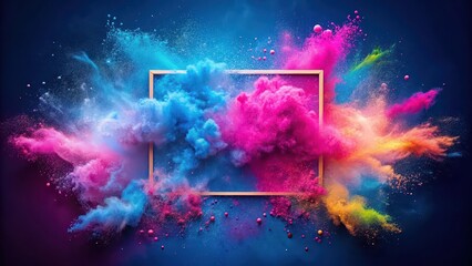 Wall Mural - Pink neon powder explosion with glowing frame on blue background, colorful cloud with colorful dust explode, paint Holi