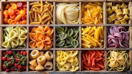 Wall Mural - Neatly organized compartment box filled with diverse fresh pasta shapes and colors, handmade, wooden, variety, colorful