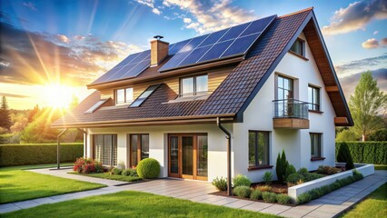 Wall Mural - Modern house with a multitude of solar panels on the roof