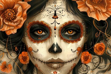 Sticker - Mysterious Day of the Dead woman with golden face paint, floral decorations, vibrant colors, cultural celebration, artistic expression, detailed design, traditional symbolism.