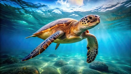 Sticker - Majestic sea turtle swimming gracefully in the ocean , sea turtle, underwater, marine life, endangered species, ocean