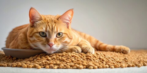 Sticker - Sleepy orange tabby cat laying in bed of kibble, cat, orange tabby, sleepy, content, bed, kibble, food, pet, domestic, feline, animal