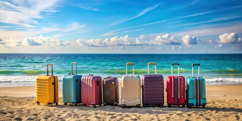 Sticker - Many suitcases lined up on the shore with the sea in the background, travel, vacation, luggage, ocean, journey, adventure