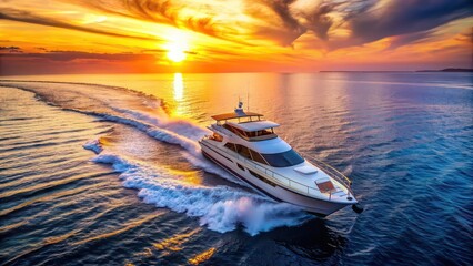 Sticker - Private motor yacht sailing on the waves in the tropical sea at sunset, top view, close up, yacht, motor, private, sailing, waves