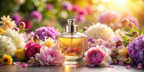 Poster - Perfume bottle surrounded by blooming flowers, fragrance, perfume, bottle, floral, scent, aroma, beauty, elegant, nature, bloom