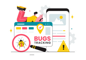 Vector Illustration of a Bug Tracking Tool with Mobile Phone Protection from Computer Viruses in a Website Security Flat Cartoon Background