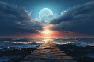 Poster - A serene scene of a full moon rising above a turbulent sea traversed by a wooden pier