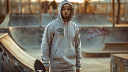 A man wearing a hoodie is standing in front of a skate park