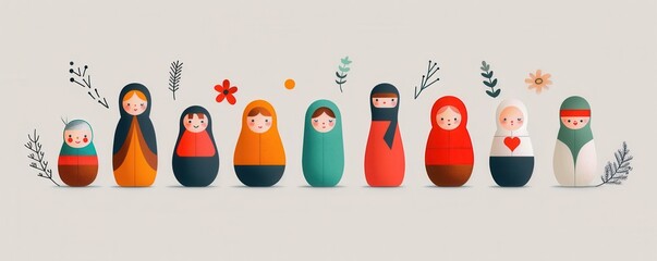 Colorful illustration of diverse nesting dolls with various facial expressions, surrounded by flowers and leaves on a light background.