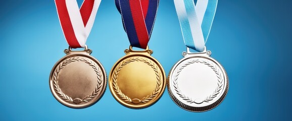 A close-up of three olympic medals with a flower design on a blue background, with detailed texture and focus. Gold, silver and bronze olympic medals