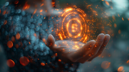 Aufkleber - Businesswoman holding glowing bitcoin symbol in her hands