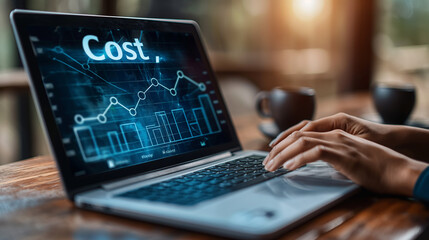 Poster - Businesswoman analyzing cost with graph and chart on laptop screen
