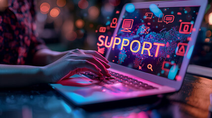 Poster - Woman working from home at night on laptop with support icons