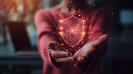 Leinwandbilder - Businesswoman holding futuristic glowing shield with keyhole protecting data
