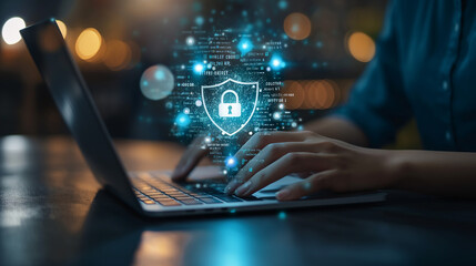 Leinwandbilder - Programmer working on laptop with cyber security system