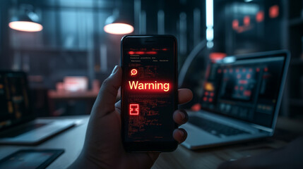 Leinwandbilder - Programmer holding smartphone with warning message on screen in office at night