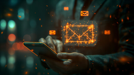 Poster - Businessman using smartphone sending email for business and technology concept