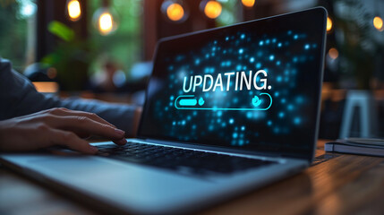 Leinwandbilder - Businessman updating software on laptop in cozy cafe at night