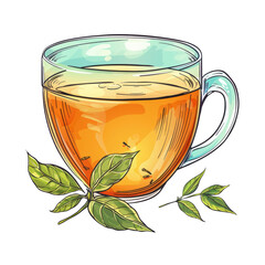 A cup of tea with a leaf on top