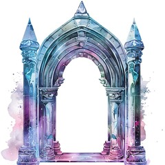 Wall Mural - watercolor, sticker style, fairy tale frame with in the middle, fantasy temple of mystic on white background, transparent