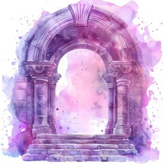 Wall Mural - watercolor, sticker style, fairy tale frame with an archway in the middle, fantasy temple of magic on white background, transparent