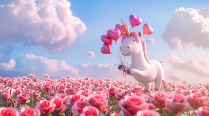 Wall Mural - A 3D, colorful unicorn holding a bouquet of heart-shaped balloons, surrounded by a field of roses, perfect for Valentine's Day.