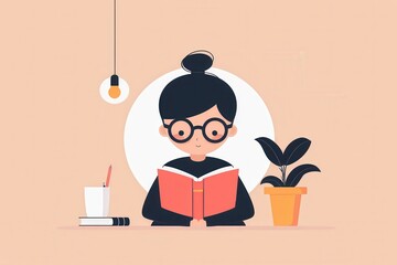 Illustration of a person reading a book with glasses, plant, cup, and lamp on a peach background. Ideal for educational, study-themed content.