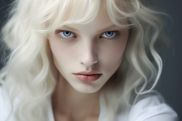 Wall Mural - Close-up portrait of a young woman with curly blonde hair and piercing blue eyes