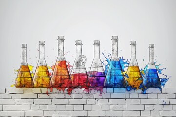 Sticker - Laboratory flasks with colorful liquids on a white brick background, vibrant illustration, modern design, educational and creative, detailed and engaging.