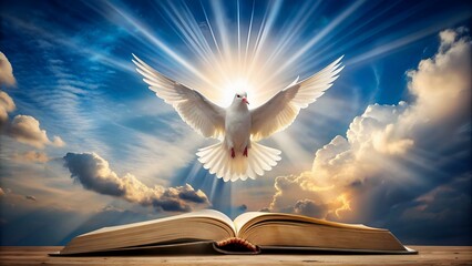 the white dove is a symbol of the holy spirit that descended from heaven over the open bible. genera