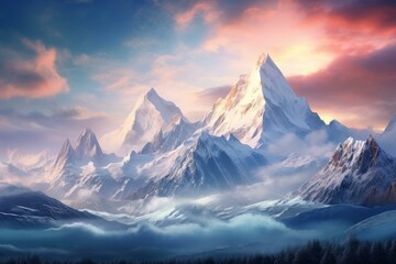 Wall Mural - Snow-capped peaks in the majestic mountains during a serene and tranquil sunrise with vibrant colors and an alpine glow creating an idyllic and peaceful natural landscape