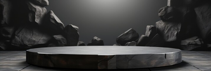 Wall Mural - Dark and mysterious stone pedestal stage with rock formations in the background