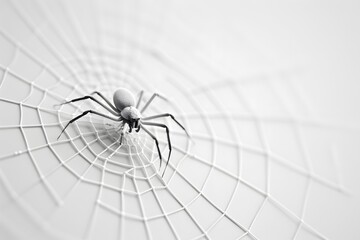 Close-up of a spider on its intricate web against a monochromatic background.