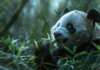 Sticker - A panda bear eating bamboo shoots in a lush forest.