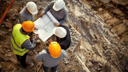 Wall Mural - Top view of professional civil engineer planning building construction while wearing safety helmet at construction site. Smart architect engineer discussing and talking about building material. AIG53F