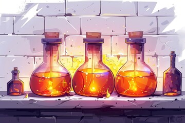 Sticker - Fantasy-themed lab setup with pastel-colored flasks and beakers, set in a dreamy environment with clouds and stars, perfect for creative and whimsical visuals.