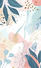 Abstract Pastel Floral Pattern with Leaves and Shapes.