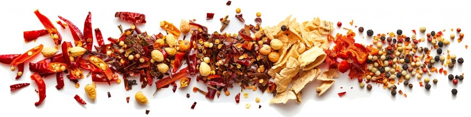 Wall Mural - High-Resolution AI-Generated Isolated Dried Red Chili Pepper Slices and Seeds on White Background, Featuring Culinary Ingredients and Spicy Flavor Concepts，Catering industry, taste, hobbies, nourishin