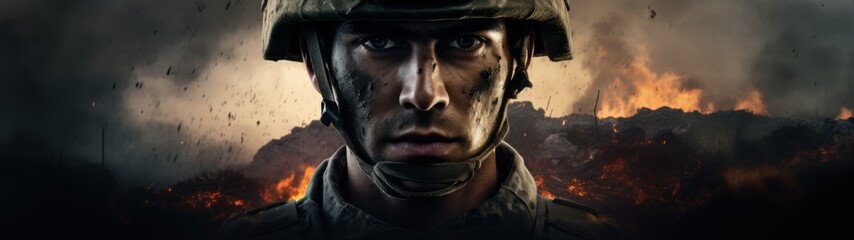 Poster - Soldier in combat zone with fire and explosions in background