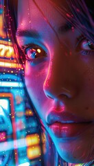 Wall Mural - Close-up of a woman's face illuminated by vibrant neon lights with a futuristic cityscape in the background.