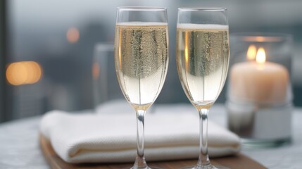 Wall Mural - two champagne flutes with bubbly drink on wooden table