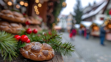 Poster - festive christmas pastry with pine branches and bokeh lights