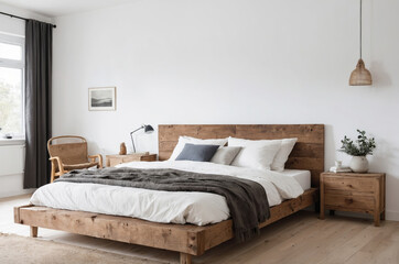 Sticker - Modern minimalist bedroom interior design with wooden bed and bedside table